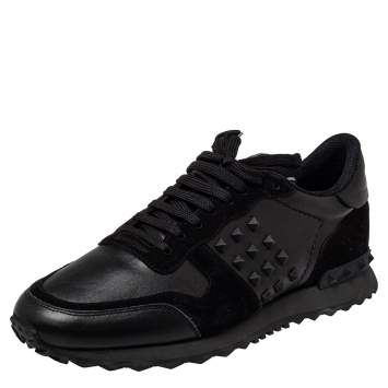 Pre Owned Valentino Black Leather And Suede Rockstud Low Top Sneakers Size 43