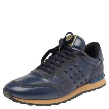 Pre Owned Valentino Navy Blue Suede And Leather Rockrunner Low Top Sneakers Size 43