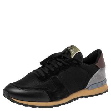 Pre Owned Valentino Black  Leather And Suede Rockstud Low Top Sneakers Size 43
