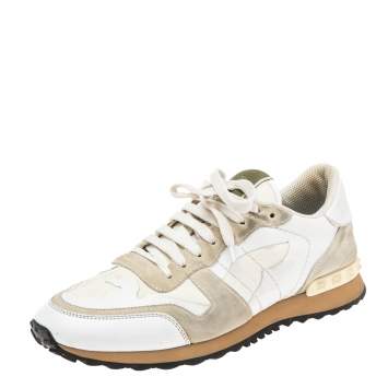 Pre Owned Valentino Grey/White Leather and Suede Rockrunner Low-Top Sneakers Size 42