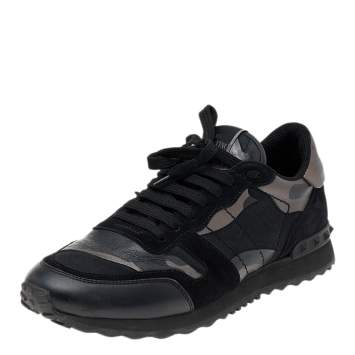 مملوكة مسبقًا Valentino Black Camouflage Leather And Canvas Rockrunner Low Top Sneakers Size 40.5