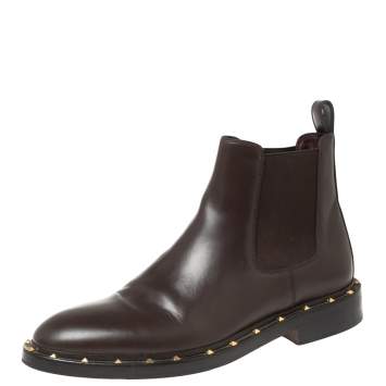 Pre Owned Valentino Dark Brown Leather Studded Chelsea Boots Size 41