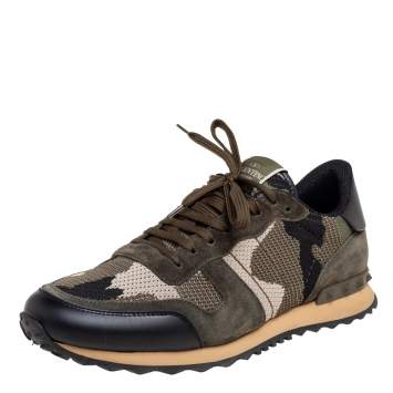 مملوكة مسبقًا Valentino Army Green Camo Fabric, Suede and Leather Rockrunner Sneakers Size 43.5