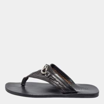 Pre Owned Valentino Black Leather V Logo Thong Sandals Size 40 
