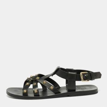 Pre Owned Valentino Black Leather Rockstud Strappy Flat Sandals Size 41