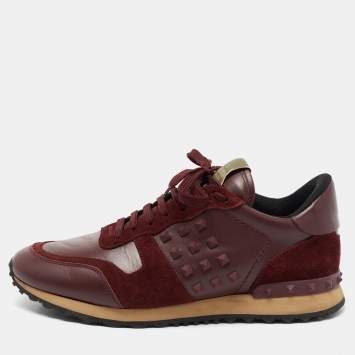 Pre Owned Valentino Burgundy Suede and Leather Rockrunner Low-Top Sneakers Size 41