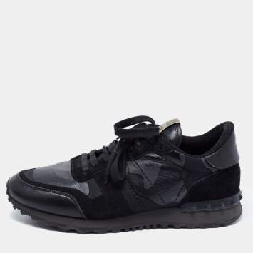 Pre Owned Valentino Black Camouflage Print Leather, Canvas and Suede Rockrunner Low-Top Sneakers Size 40