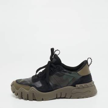 Pre Owned Valentino Black/Olive Green Camo Print Canvas, Leather and Suede Rockrunner Plus Sneakers Size 42.5