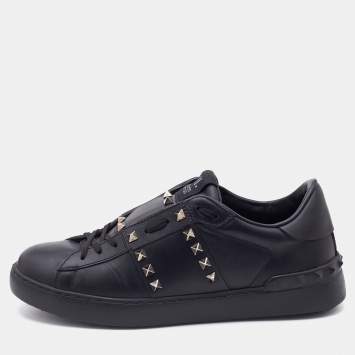 Pre Owned Valentino Black Leather Rockstud Untitled Low Top Sneakers Size 39.5