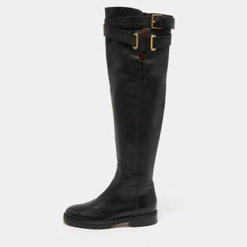 Pre Owned Valentino Black Leather Over the Knee Boots Size 39.5