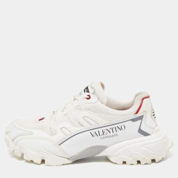 Pre Owned Valentino White Leather and Canvas Climbers VLogo Sneakers Size 42