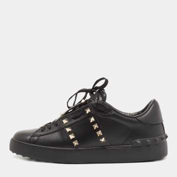 Pre Owned Valentino Black Leather Open Low Top Sneakers Size 41