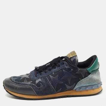 Pre Owned Valentino Multicolor Suede and Canvas Rockrunner Star Studded Low Top Sneakers Size 45