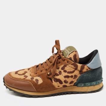 Pre Owned Valentino Tricolor Leopard Print Calf Hair and Leather Rockrunner Sneakers Size 42