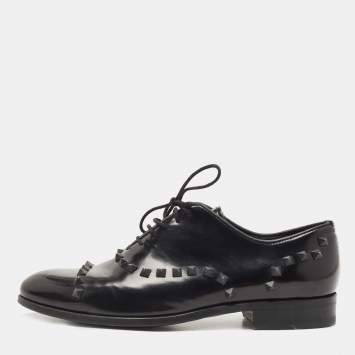 Pre Owned Valentino Black Leather Rockstud Lace Up Oxfords Size 41