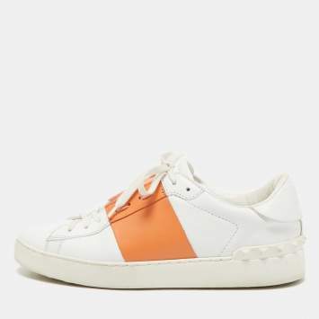 Pre Owned Valentino White/Orange Leather Rockstud Low Top Sneakers Size 40