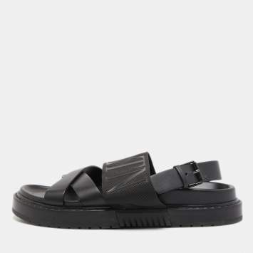 Pre Owned Valentino Black Leather and Nylon VLTN Cross Strap Sandals Size 42