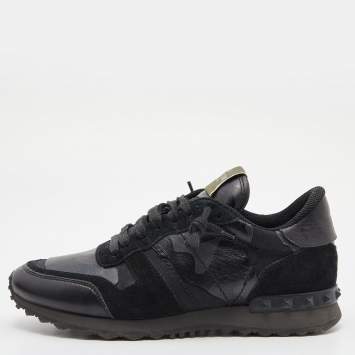 Pre Owned Valentino Black Camouflage Print Leather and Suede Rockrunner Low-Top Sneakers Size 40