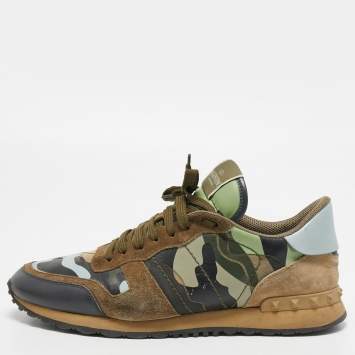 Pre Owned Valentino Multicolor Camouflage Suede And Leather Rockrunner Sneakers Size 43