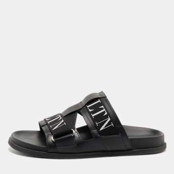 Pre Owned Valentino Black Leather and Canvas VLTN Sandals Size 39
