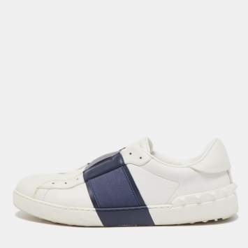 Pre Owned Valentino White/Navy Blue Leather Slip On Sneakers Size 45