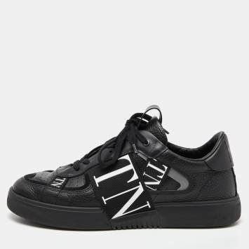 Pre Owned Valentino Black/White Leather VLTN Rockstud Low Top Sneakers Size 43