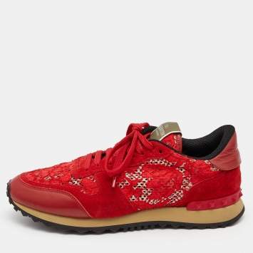 Pre Owned Valentino Red Lace and Suede Rockrunner Low Top Sneakers Size 40