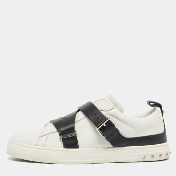 Pre Owned Valentino White/Black Leather Buckle Strap Rockstud Sneakers Size 43