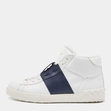 Pre Owned Valentino White/Navy Blue Leather Open High Sneakers Size 43