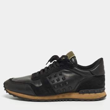 Pre Owned Valentino Black Leather and Suede Rockrunner Sneakers Size 43
