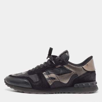 Pre Owned Valentino Black/Metallic Leather and Suede Rockrunner Sneakers Size 43 