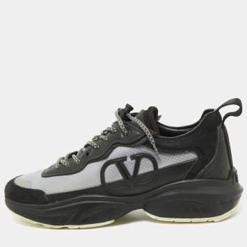 Pre Owned Valentino Black/Grey Leather,Suede and Mesh Bounce Low Top Sneakers Size 39