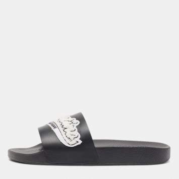 Pre Owned Valentino Black Rubber Logo Patch Pool Slide Flat Size 40
