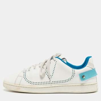 Pre Owned Valentino White/Blue Leather Backnet Sneakers Size 41