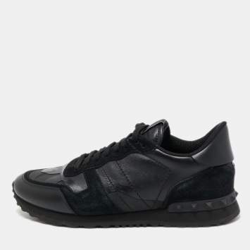 Pre Owned Valentino Dark Blue/Grey Suede And Camo Nylon Rockstud Sneakers Size 41.5