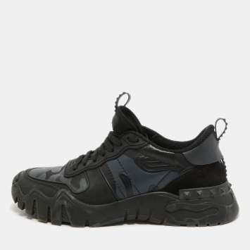 Pre Owned Valentino Black Camo Print Canvas, Leather and Suede Rockrunner Sneakers Size 43.5