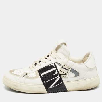 Pre Owned Valentino White/Black Leather VLTN Sneakers Size 45
