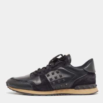 Pre Owned Valentino Black Leather and Suede Rockrunner Sneakers Size 43