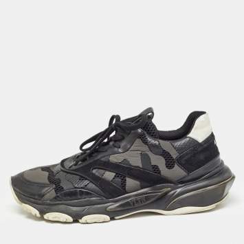 Pre Owned Valentino Black Leather and Mesh Camouflage Bounce Low Top Sneakers Size 44 