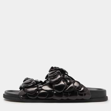 Pre Owned Valentino Black Leather Atelier 03 Rose Edition Slides Size 43.5