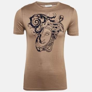 Pre Owned Versace Collection Brown Jersey Medusa Velvet Print T-Shirt S