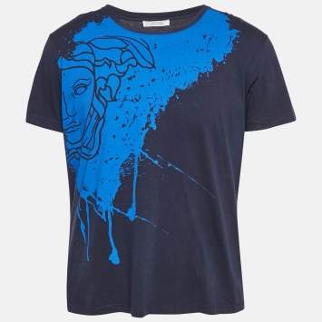 Pre Owned Versace Collection Navy Blue Paint Dripped Medusa Print Jersey T-Shirt XXL