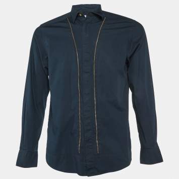 Pre Owned Versace Collection Midnight Blue Cotton Zip Detail Trend Fit Shirt M