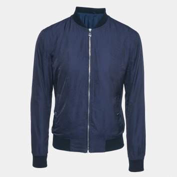 Pre Owned Versace Collection Blue Printed Nylon Bomber Jacket S