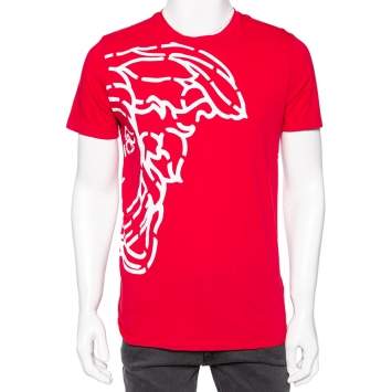 Pre Owned Versace Collection Red Half Medusa Print Cotton Short Sleeve T-Shirt M