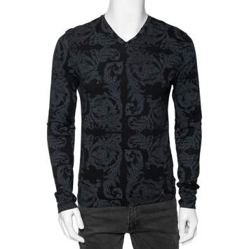 Pre Owned Versace Collection Midnight Blue Printed Cotton Long Sleeve T-Shirt M