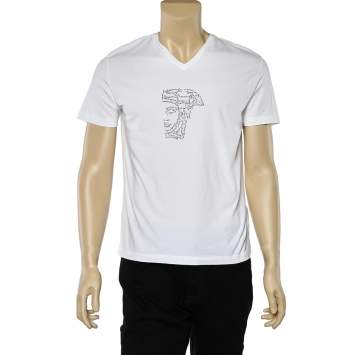 Pre Owned Versace Collection White Cotton Knit Medusa Head Embellished V-Neck T-Shirt M