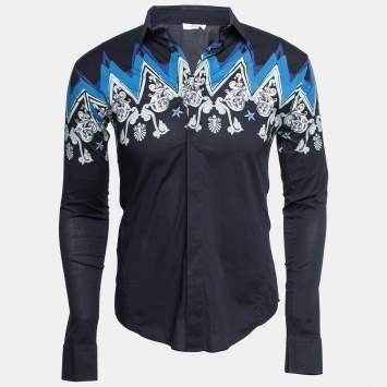 Pre Owned Versace Collection Navy Blue Printed Cotton Button Front Shirt S