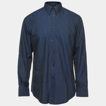 Pre Owned Versace Collection Navy Blue Patterned Cotton Blend Full Sleeve Shirt XL