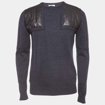 Pre Owned Versace Collection Navy Blue Wool Leather Trimmed Jumper L